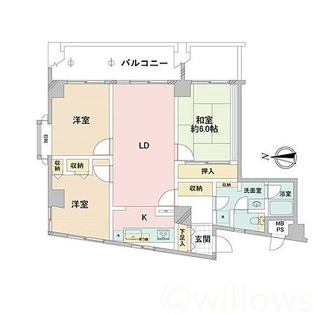 間取り図:3LDK 専有面積75.18平米、バルコニー面積11.09平米