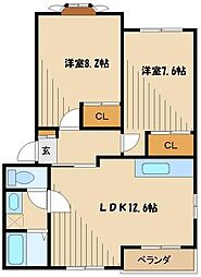 小田急小田原線 相模大野駅 バス10分 大沼下車 徒歩6分の賃貸アパート 1階2LDKの間取り