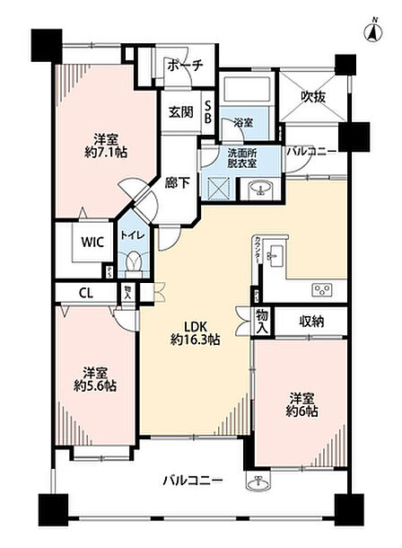 リビング収納、WIC付、全居室収納有で収納充実の間取り^^南面バルコニーで陽当たり良好。