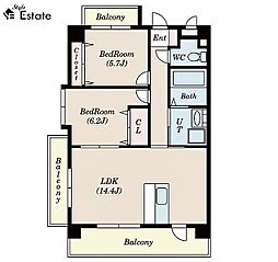 名古屋市営名港線 六番町駅 徒歩2分の賃貸マンション 8階2LDKの間取り