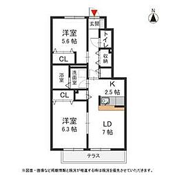 名鉄瀬戸線 尼ケ坂駅 徒歩4分の賃貸アパート 1階2LDKの間取り