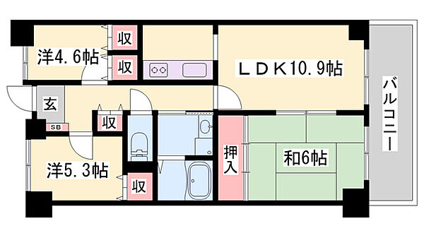 スカイハイツ田寺 ｜兵庫県姫路市田寺8丁目(賃貸マンション3LDK・3階・65.09㎡)の写真 その2