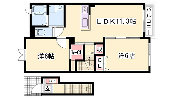 ミルキーウェイB ｜兵庫県赤穂市北野中(賃貸アパート2LDK・2階・58.21㎡)の写真 その2