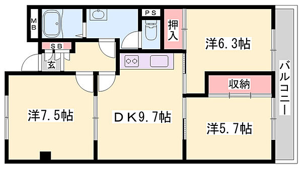 リッチウォーク佃町 ｜兵庫県姫路市佃町(賃貸マンション3DK・5階・62.79㎡)の写真 その2