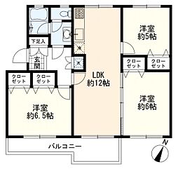 片倉台団地1-3号棟 3LDKの間取図画像
