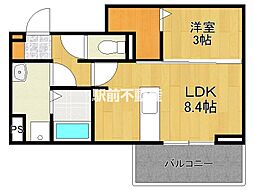 フリーデンやりた 202 2階1LDKの間取り