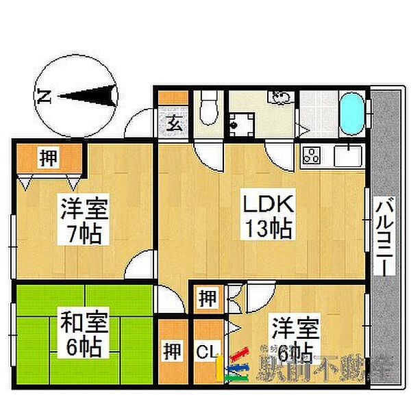 福岡県久留米市荒木町白口(賃貸アパート3LDK・3階・63.50㎡)の写真 その2