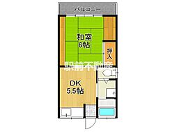 内田アパート 2階1DKの間取り