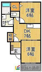 サンリット広川I 1階2DKの間取り