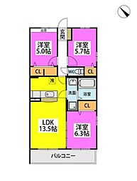 モデスティ筥松 3LDKの間取図画像