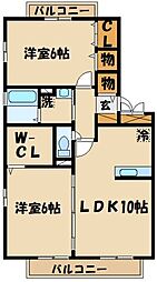 ベルジュノー是政 2LDKの間取図画像