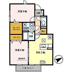 ルミエール岩橋（ルミエールイワセ）　B棟 1階2DKの間取り