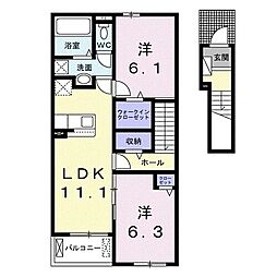 ザ・ビレッジグリーン木ノ本III 2階2LDKの間取り