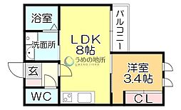 フィーリックス久留米大前I 1階1LDKの間取り