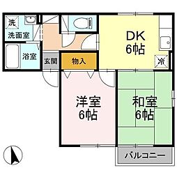 セジュール来住B 2DKの間取図画像