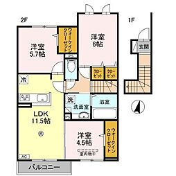 JR片町線(学研都市線) 住道駅 徒歩15分の賃貸アパート 2階3LDKの間取り