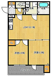 JR片町線(学研都市線) 野崎駅 徒歩9分の賃貸アパート 2階2LDKの間取り