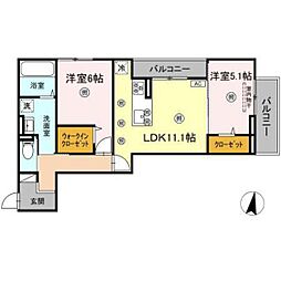 プリモ石井城 2LDKの間取図画像
