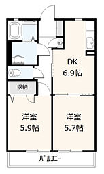 グレースコートAKI 2階2DKの間取り