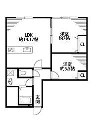リバーハイツ関分 2LDKの間取図画像