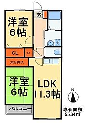 サンモールフジ 3階2LDKの間取り
