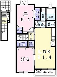 オワゾーブルーB棟 2LDKの間取図画像