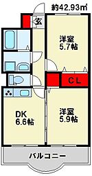 ニューシティアパートメンツ南小倉2 2DKの間取図画像