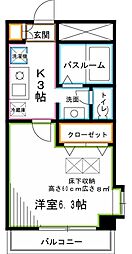 JR中央本線 三鷹駅 徒歩2分の賃貸マンション 2階1Kの間取り