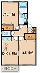 西武池袋線 保谷駅 徒歩18分の賃貸アパート 1階2DKの間取り