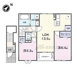 クレール聖和C 2階2LDKの間取り