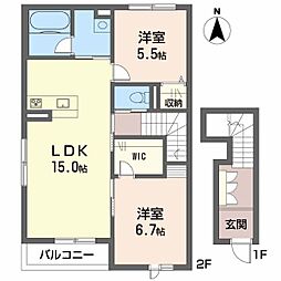 リラフォート西垣生2 201 号室 2階2LDKの間取り