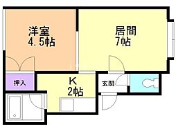 アビタシオン八軒 2階1LDKの間取り