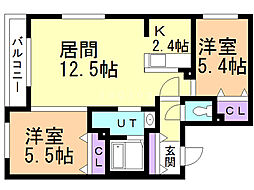 エアフォルクテイネ 2LDKの間取図画像