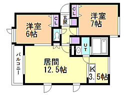 チーフアルテ・ワン 2LDKの間取図画像