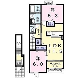サンハイムB棟 2階2LDKの間取り