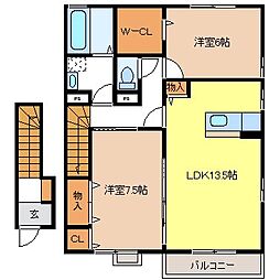 グランモアみなみA 2階2LDKの間取り
