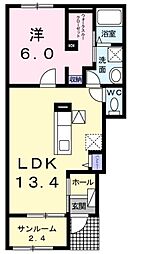 カーサアライブささやB 1LDKの間取図画像