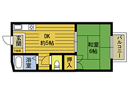 プレジール花の木B棟 1DKの間取図画像