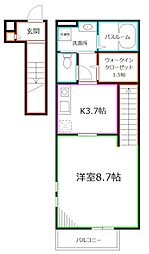 西武新宿線 上井草駅 徒歩4分の賃貸アパート 2階1Kの間取り