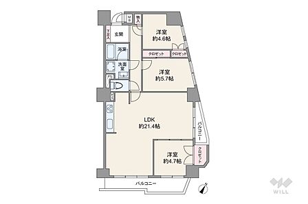 間取りは専有面積77.37平米の3LDK。約21.4帖の広々としたLDKのプラン。二面採光で開放感があります。共用廊下に面した窓がなく、クランクインタイプのため室内を見通しにくい造りです。