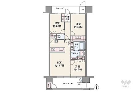 間取りは専有面積66.53平米の3LDK。採光性が高く換気がしやすい田の字型のプラン。キッチンと洗面室(洗濯機置場)の距離が近く炊事・洗濯の家事動線に優れています。
