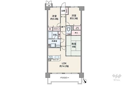 間取りは専有面積70.02平米の3LDK。LDK約14.2帖のプラン。バルコニー面積は9.21平米です。