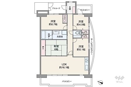 間取りは専有面積86.86平米の4LDK。LDK約16.1帖のプラン。複数方向に採光部があり、バルコニー面積は26.14平米です。