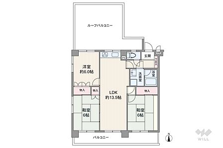 間取りは専有面積69.26平米の3LDK。ルーフバルコニー付き、LDK約13.5帖のプラン。複数方向に採光部があり、バルコニー面積は34.76平米です。