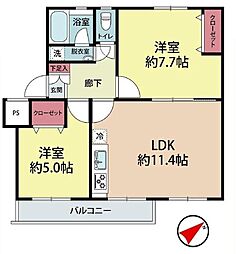 杉田大谷団地1号棟 2LDKの間取図画像