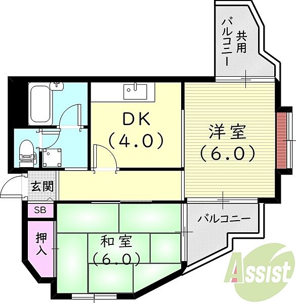 兵庫県西宮市大森町(賃貸マンション2DK・4階・39.70㎡)の写真 その2