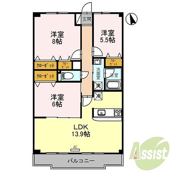 兵庫県西宮市中島町(賃貸マンション3LDK・3階・77.00㎡)の写真 その2