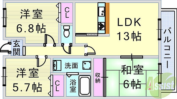 兵庫県西宮市甲子園口3丁目(賃貸マンション3LDK・4階・68.60㎡)の写真 その2