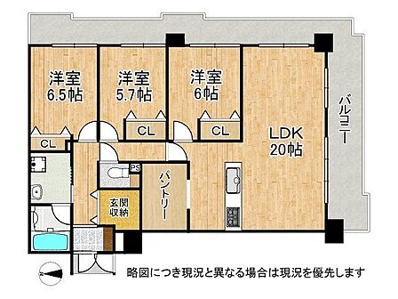 最上階角部屋の陽当たり眺望良好な3LDKの間取り