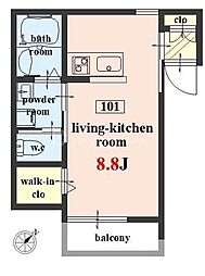 Ｗｏｏｄｙ　Ｃｈａｌｅｕｒ 1階ワンルームの間取り